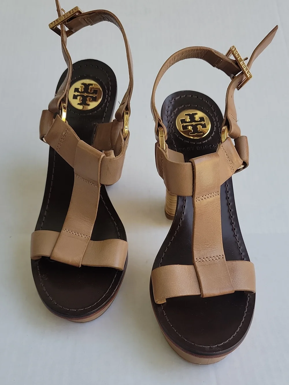 Tory Burch Beige Leather T-Strap Sandals with Gold Logo